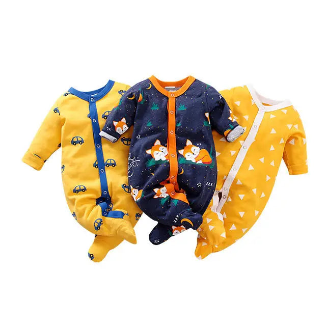 Made-to-Order Sustainable Fashion Baby Boy and Girl 100% Cotton Long-sleeve Footed Random Print 3 Sets Jumpsuit