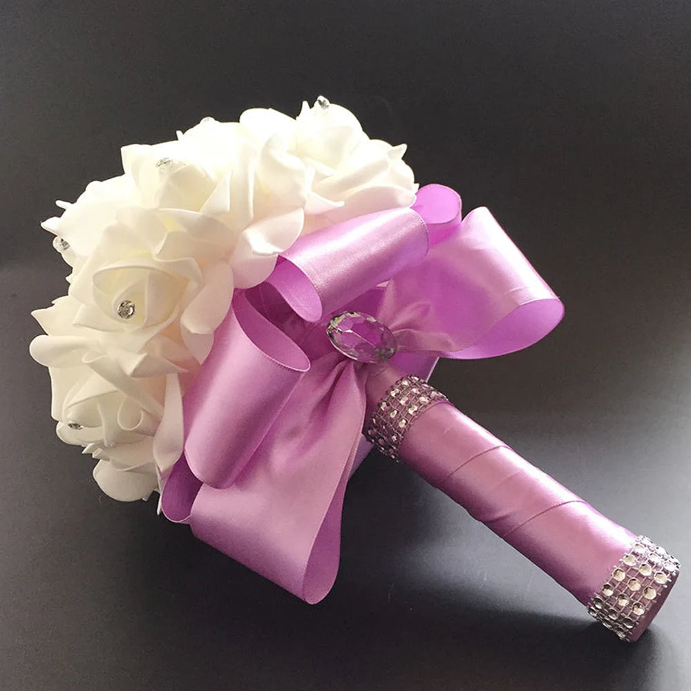 Bridal Bridesmaid Bouquet Artificial Holding Flowers Rhinestone Ribbons Wedding Party Church Home Christmas Table Bedroom Decor