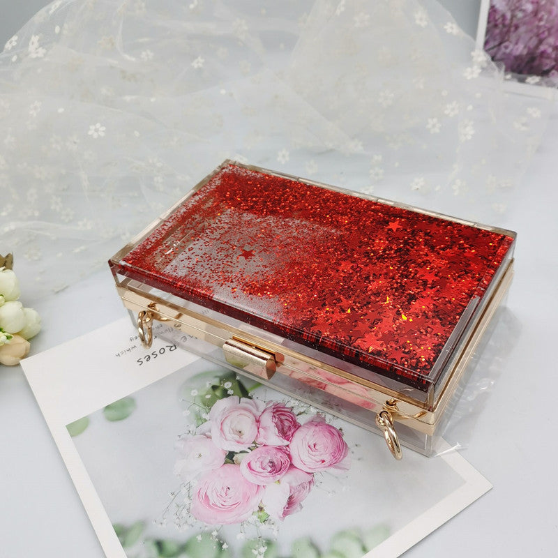 Women's Luxury Liquid Glitter Acrylic Clutch Purse Quicksand Powder Transparent Box Bags Summer Beach Handbags With Metal Chain