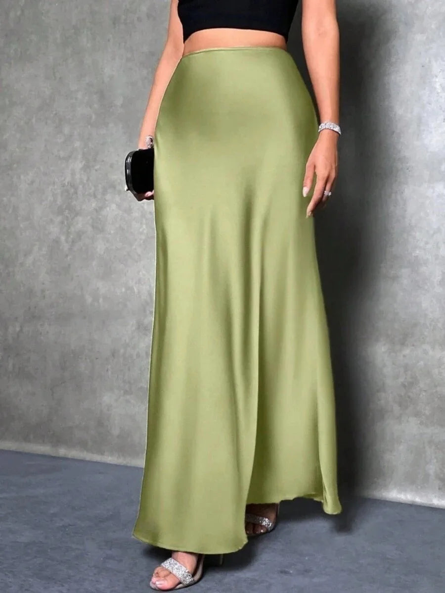 Fashion Breathable Spring Casual Elegant Solid Black High Waist Satin Midi Length Women's Skirts