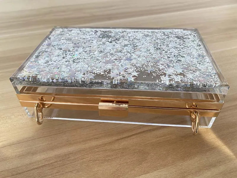 Women's Luxury Liquid Glitter Acrylic Clutch Purse Quicksand Powder Transparent Box Bags Summer Beach Handbags With Metal Chain
