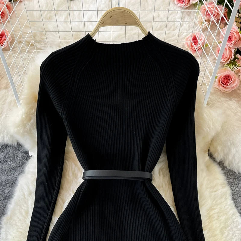 Autumn Winter Women Gradient Color Patchwork Pleated Sweater Dress Elegant Long Sleeve Midi Knitted Party Vestidos With Belt