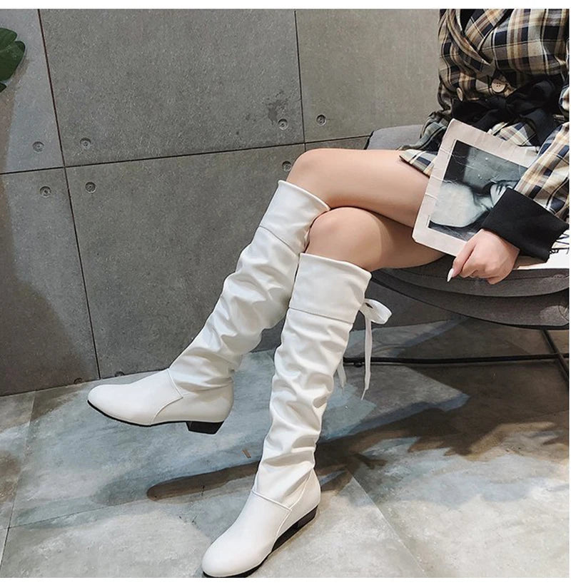 Shoes For Women 2022 Spring Knee High Boots Red Black White Tall Boots Woman Pleated Low Heel Casual Leather Female Long Shoes