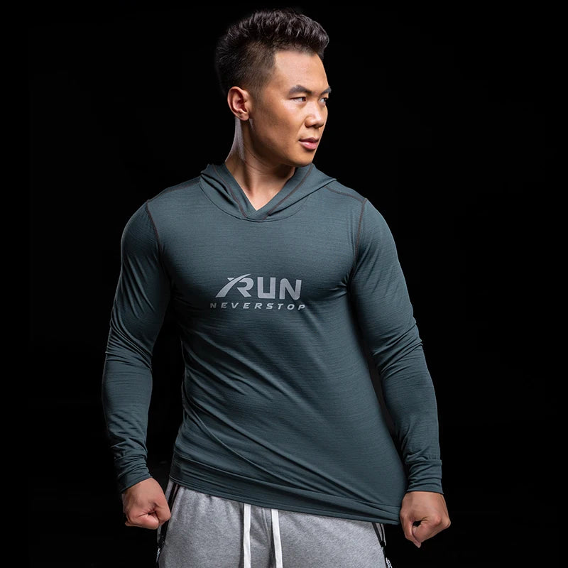 Gym Men T Shirt Long Sleeve Slim Tops Tees elastic T-shirt Sports Fitness Autumn winter comfort breathable Quick dry Hooded