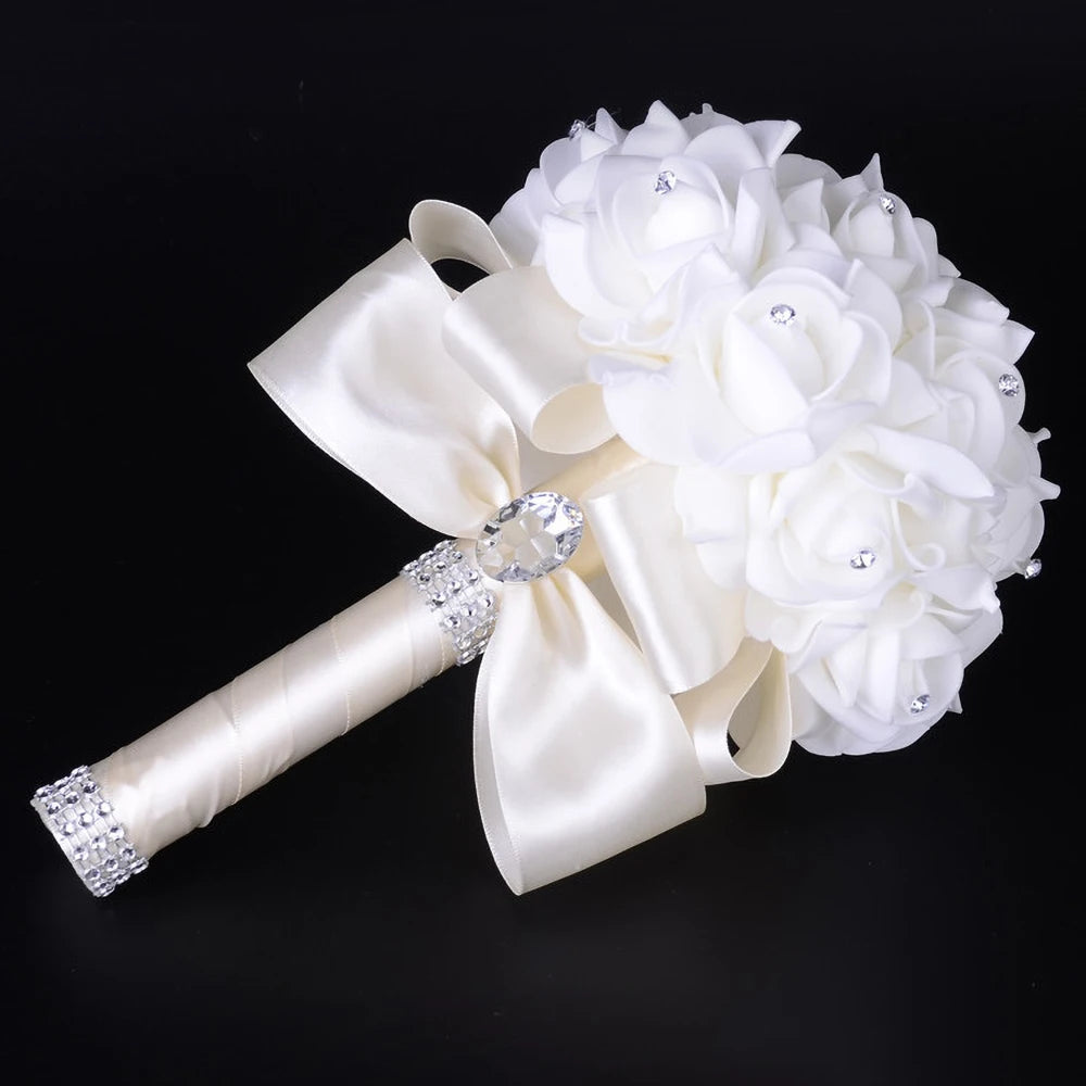 Bridal Bridesmaid Bouquet Artificial Holding Flowers Rhinestone Ribbons Wedding Party Church Home Christmas Table Bedroom Decor