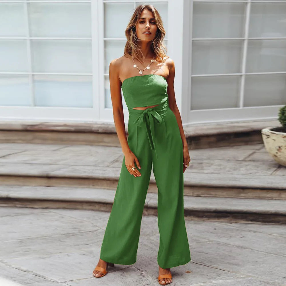 New Style Women's Summer Casual Solid Color  Sleeveless Jumpsuit Strapless Top Wide Leg Long Pants Set