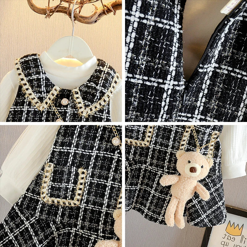 3-7Y Girl Baby Party Princess Autumn Dresses Kids Elegant Plaid Costumes Fashion Long Sleeve Sweet Tweed Clothes With Bear Bags