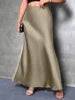 Fashion Breathable Spring Casual Elegant Solid Black High Waist Satin Midi Length Women's Skirts