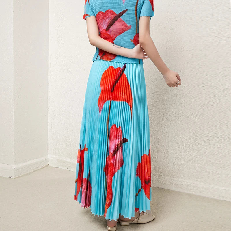 Manufacturer Wholesale High Quality Printed Pleated Skirt Women 2025 Summer Printing Elastic Waist Long Pleated Skirts Elegant