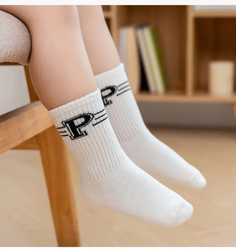 5 Pairs/Lot Autumn Winter High Elastic Simple Children Socks Korean Cotton Stripes Solid Color Alphabet Boys Girls Socks 1-12 Y