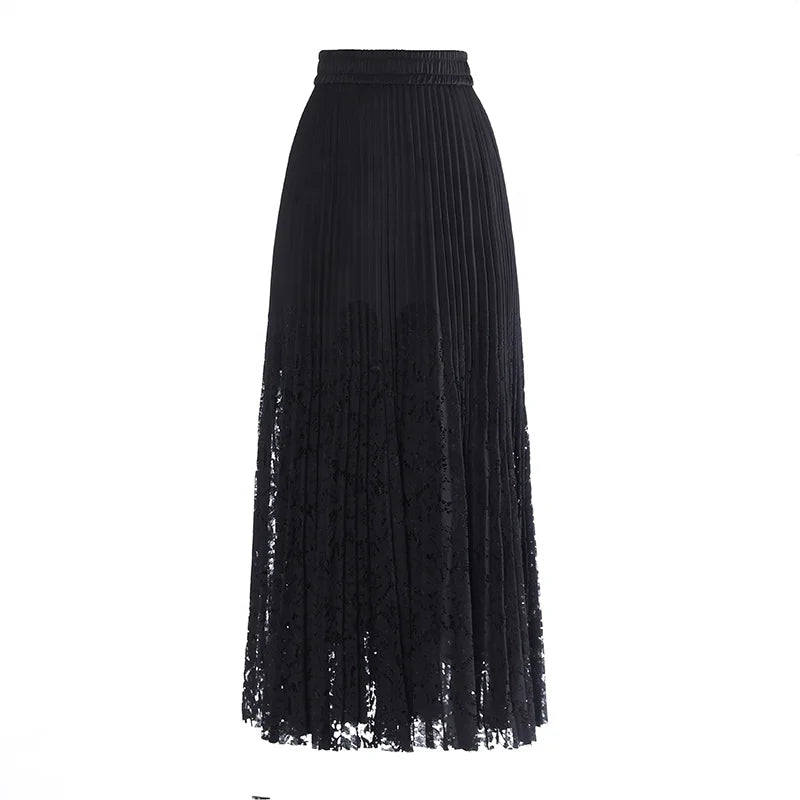 OUDINA French Loose Patchwork Lace Casual Long Midi Skirts A-line Pleated Ladies Skirt Women