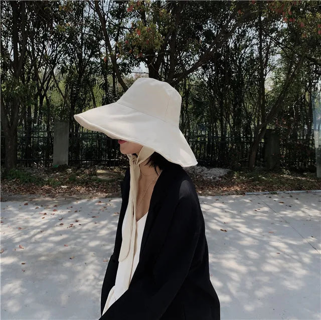2021 New Summer Autumn Large Brim Fisherman Hat Women Cotton Linen Round Dome Bandage Bow Big Foldable Sun Hats Fishermen Hat