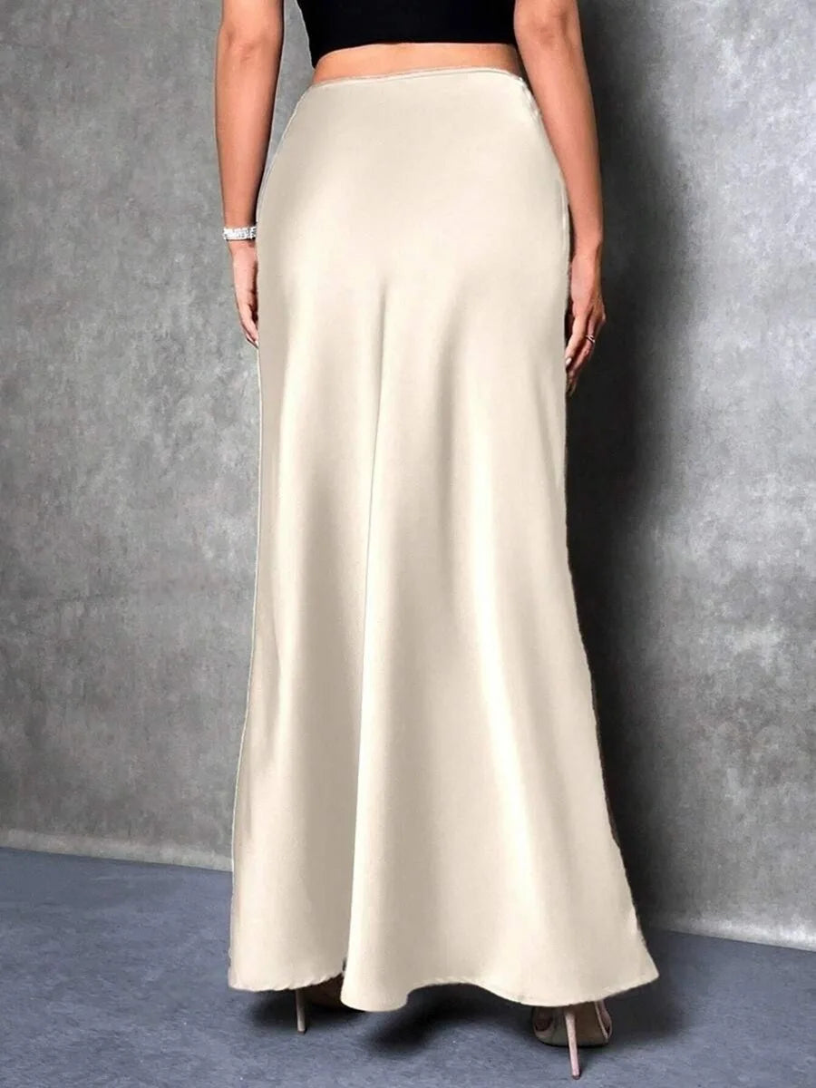 Fashion Breathable Spring Casual Elegant Solid Black High Waist Satin Midi Length Women's Skirts