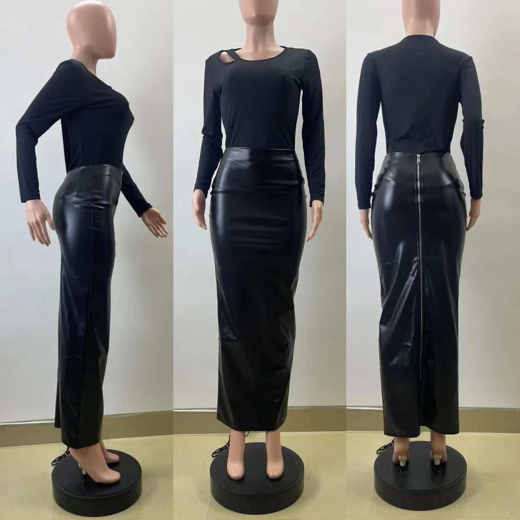 M6008 Women Long Skirts Women's Autumn Winter New Style Black Faux Leather Midi Skirt Bodycon Slim-Fitting with Zipper Design