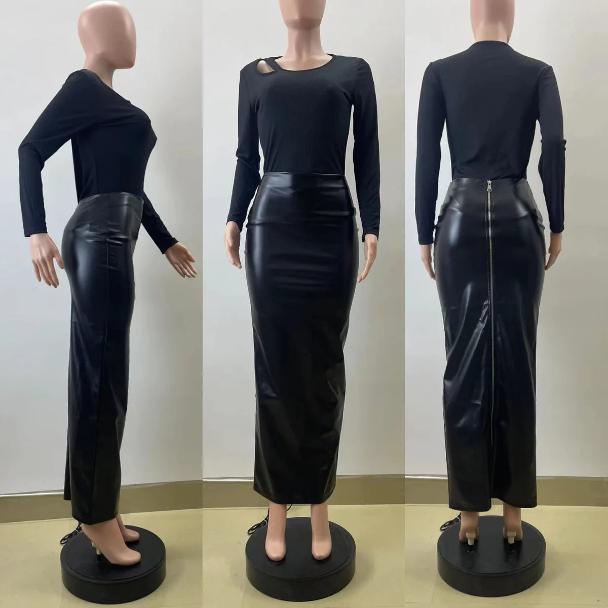 M6008 Women Long Skirts Women's Autumn Winter New Style Black Faux Leather Midi Skirt Bodycon Slim-Fitting with Zipper Design