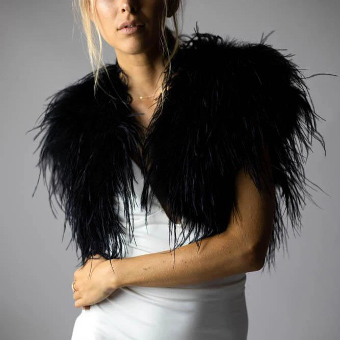 New Arrival Long Luxury Bridal Wedding Ostrich Turkey Feather Top Feather Vest Bolero Onyx