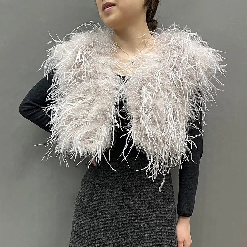 New Arrival Long Luxury Bridal Wedding Ostrich Turkey Feather Top Feather Vest Bolero Onyx