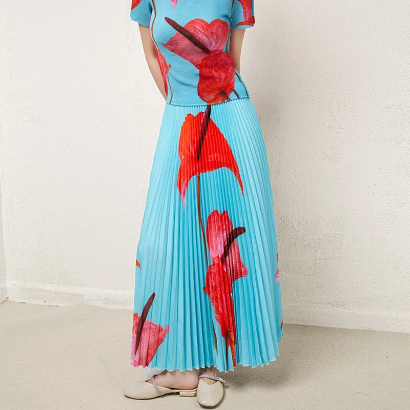 Manufacturer Wholesale High Quality Printed Pleated Skirt Women 2025 Summer Printing Elastic Waist Long Pleated Skirts Elegant