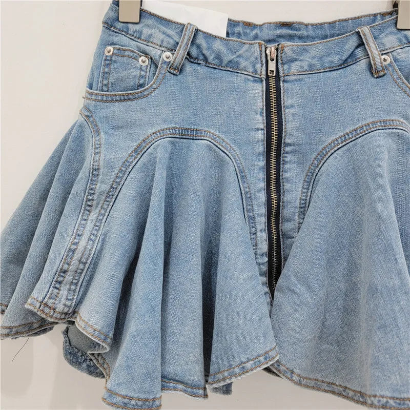 Fashion Ruffled Washed Mini Denim Skirt for Women New Design Zipper Patchwork Stretch Skirt Women'S Skirts