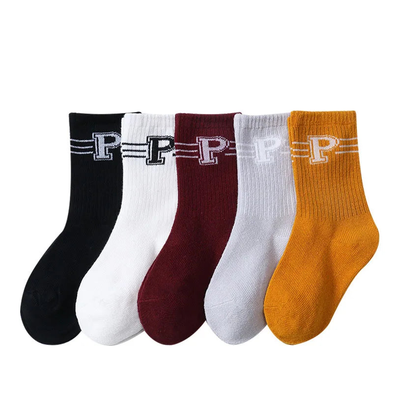 5 Pairs/Lot Autumn Winter High Elastic Simple Children Socks Korean Cotton Stripes Solid Color Alphabet Boys Girls Socks 1-12 Y