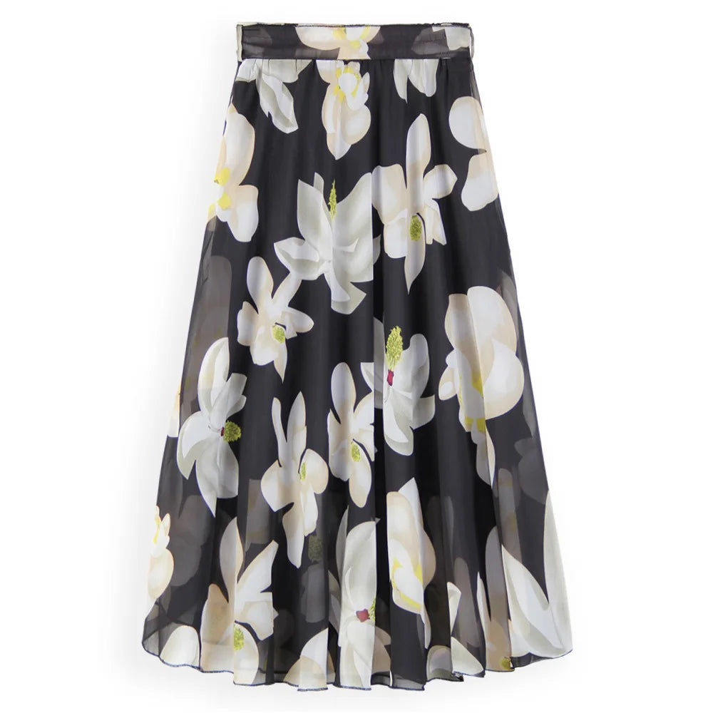 YiXin S-3XL Womens Skirts Printed Chiffon Fashion a Line High Waisted Floral Skirt Wholesale Long Skirts