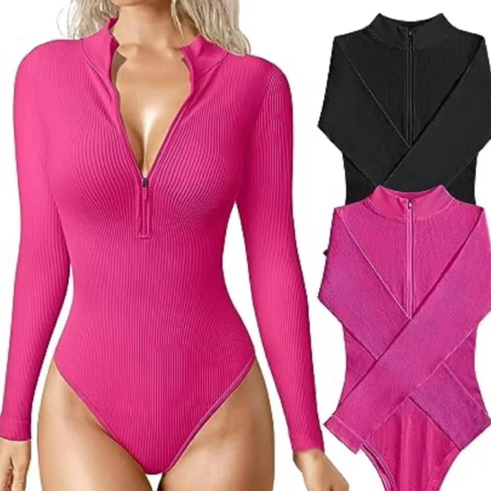 European and American Cross-border 2024 Long Sleeved Jumpsuit Sexy Ribbed Front Zipper Long Sleeved Top Jumpsuit