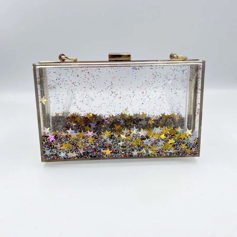 Women's Luxury Liquid Glitter Acrylic Clutch Purse Quicksand Powder Transparent Box Bags Summer Beach Handbags With Metal Chain