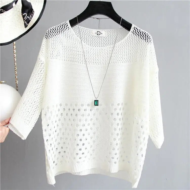 Spring and Summer New Ice Silk Knitted Vest Top Hollow Out Thin Bottoming Sling Streetwear Womens Clothing White Shirt 13686