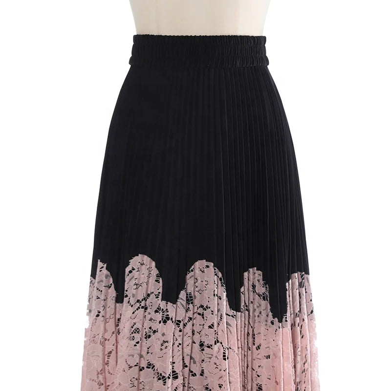 OUDINA French Loose Patchwork Lace Casual Long Midi Skirts A-line Pleated Ladies Skirt Women