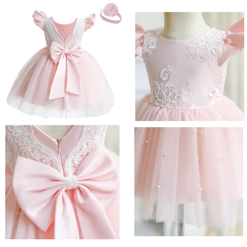 12M Baby Girl Princess Dress Infant One Year Birthday Outfits Toddler Girl Flower Bow Evening Party Tutu Gown Kids Gala Clothes
