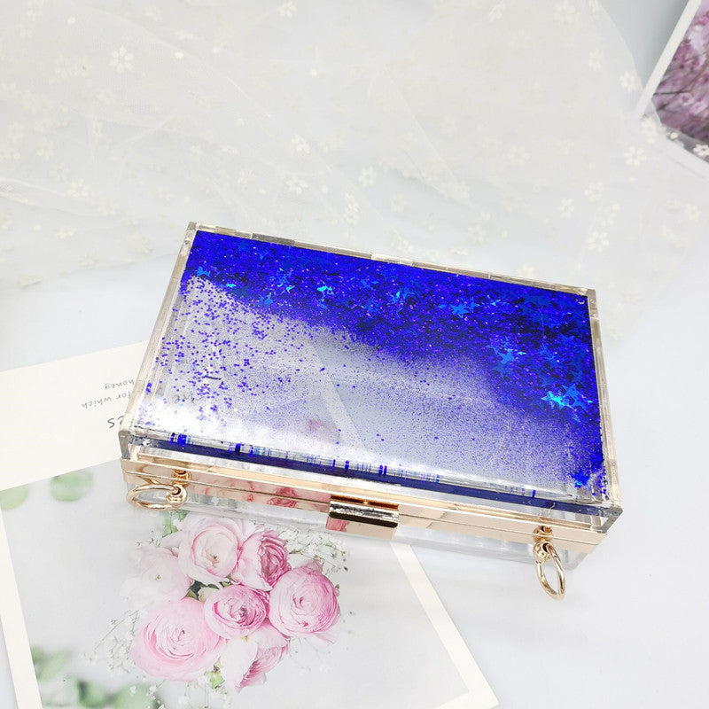 Women's Luxury Liquid Glitter Acrylic Clutch Purse Quicksand Powder Transparent Box Bags Summer Beach Handbags With Metal Chain