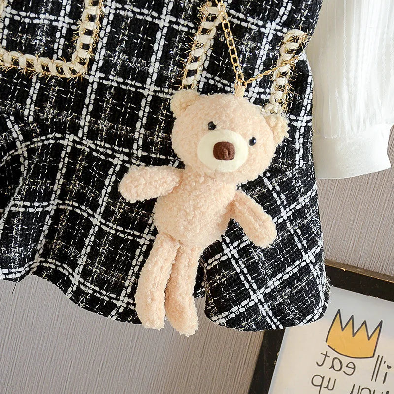 3-7Y Girl Baby Party Princess Autumn Dresses Kids Elegant Plaid Costumes Fashion Long Sleeve Sweet Tweed Clothes With Bear Bags