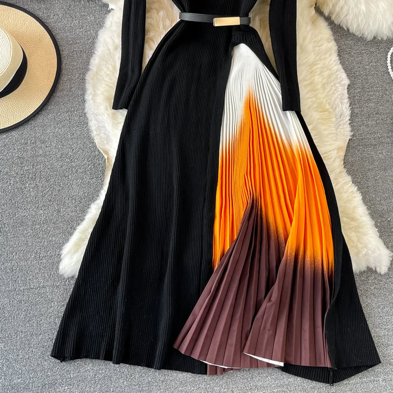 Autumn Winter Women Gradient Color Patchwork Pleated Sweater Dress Elegant Long Sleeve Midi Knitted Party Vestidos With Belt