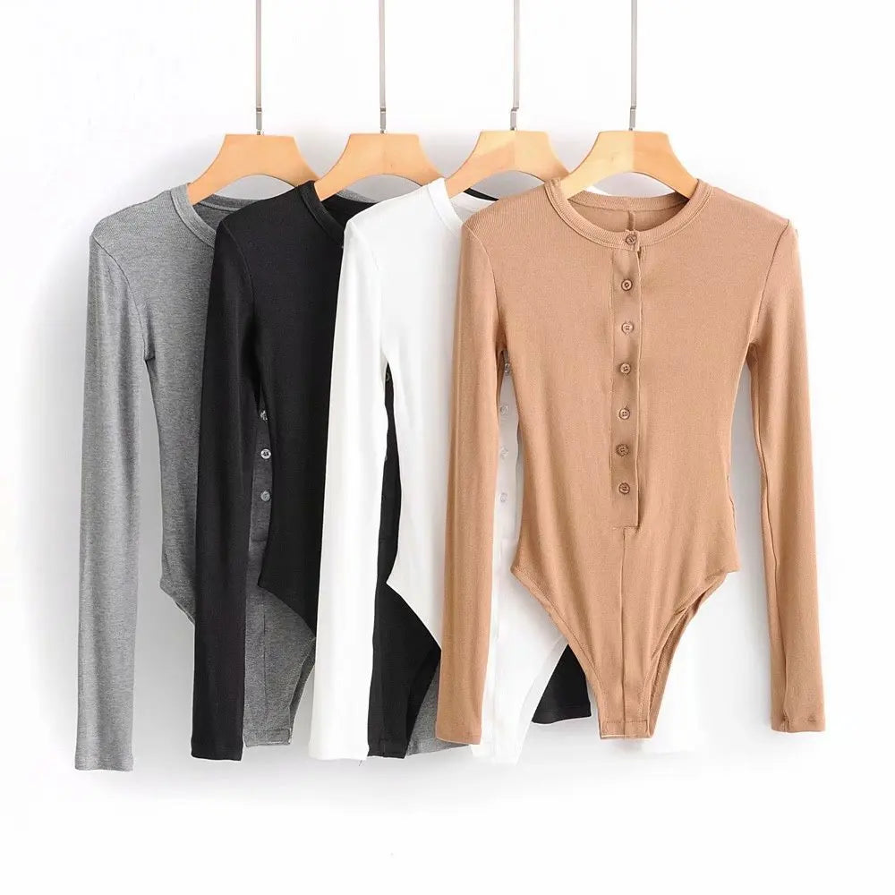 Autumn Casual Wear Jumpsuit Knitting Notched Neck Long Sleeve Button up Bodysuit Women Plain Body Suits