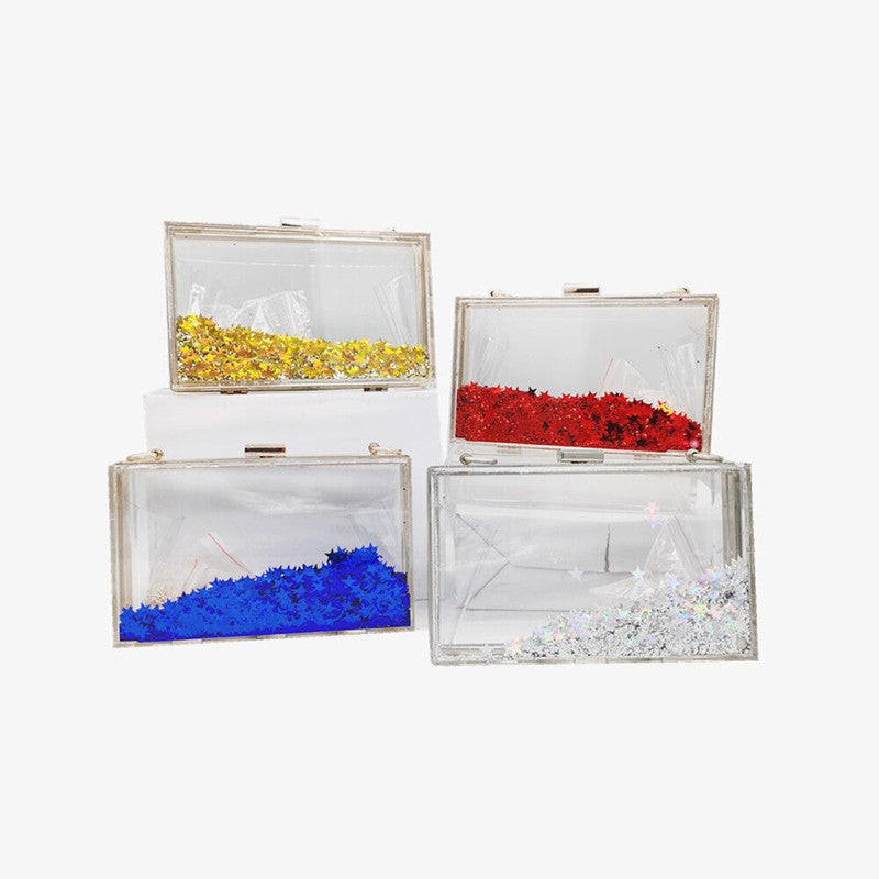 Women's Luxury Liquid Glitter Acrylic Clutch Purse Quicksand Powder Transparent Box Bags Summer Beach Handbags With Metal Chain