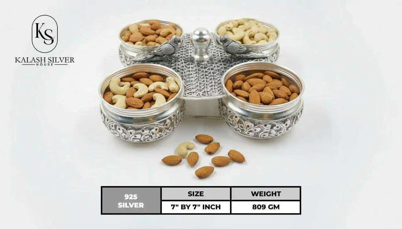 Elegant Pure Silver Kumkum Haldi Chawal Four Set Cover Decorative Base Traditional Pooja Item Eco-Friendly Home Temple Use