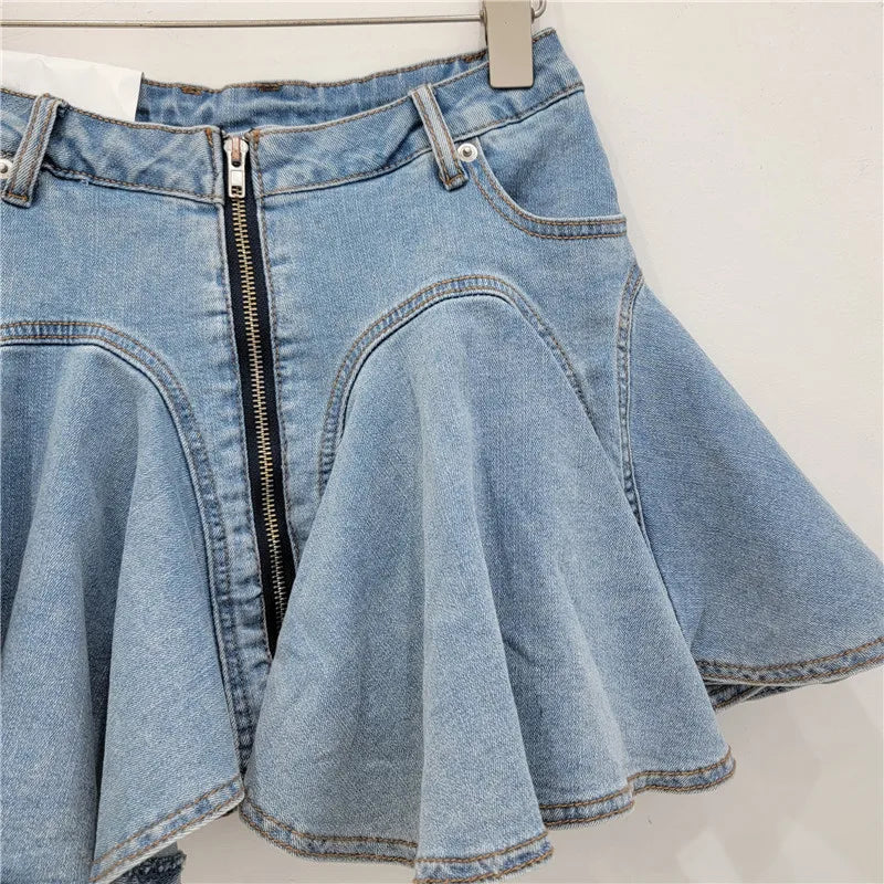 Fashion Ruffled Washed Mini Denim Skirt for Women New Design Zipper Patchwork Stretch Skirt Women'S Skirts