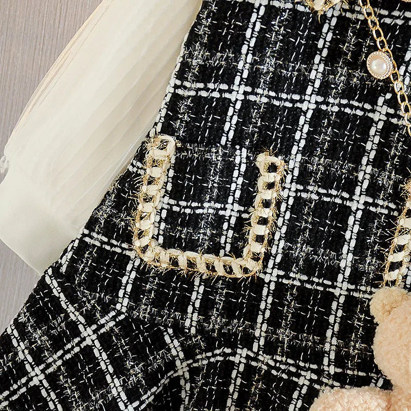 3-7Y Girl Baby Party Princess Autumn Dresses Kids Elegant Plaid Costumes Fashion Long Sleeve Sweet Tweed Clothes With Bear Bags