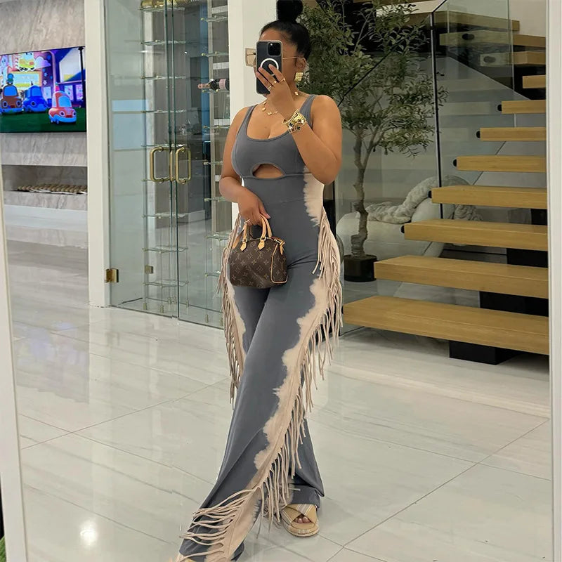 2024 Summer New Women's High-Waist Casual Jumpsuit Breathable Fitness Tassel with Personalized Contrasting Colors