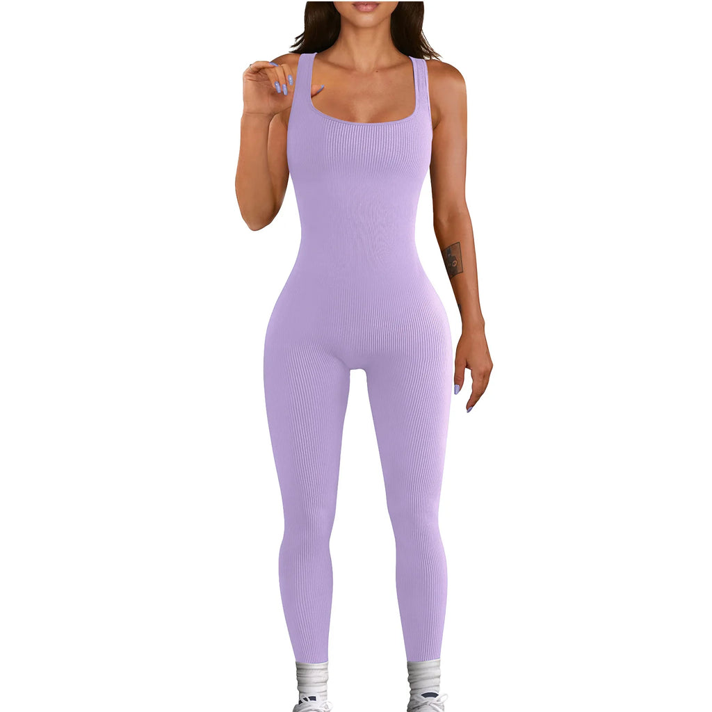KE0101SX 2024 Solid Color Ribbed Backless Summer Bodycon Chic Women Jumpsuits Playsuits Sehe Fashion