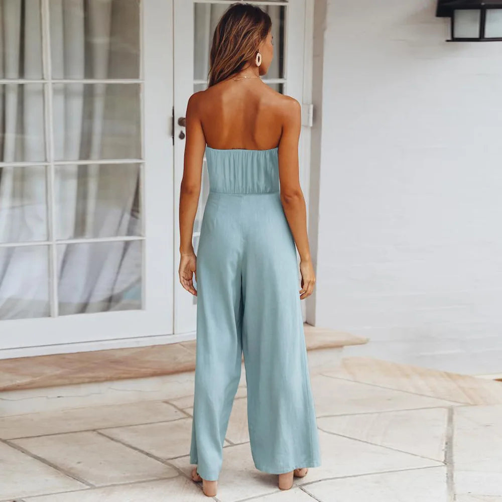 New Style Women's Summer Casual Solid Color  Sleeveless Jumpsuit Strapless Top Wide Leg Long Pants Set