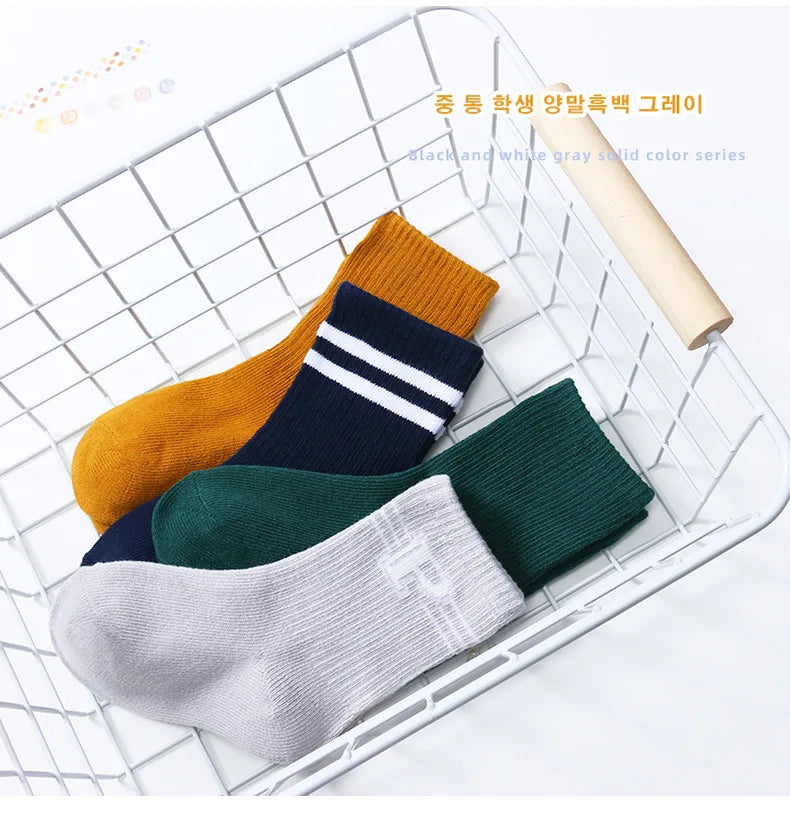 5 Pairs/Lot Autumn Winter High Elastic Simple Children Socks Korean Cotton Stripes Solid Color Alphabet Boys Girls Socks 1-12 Y
