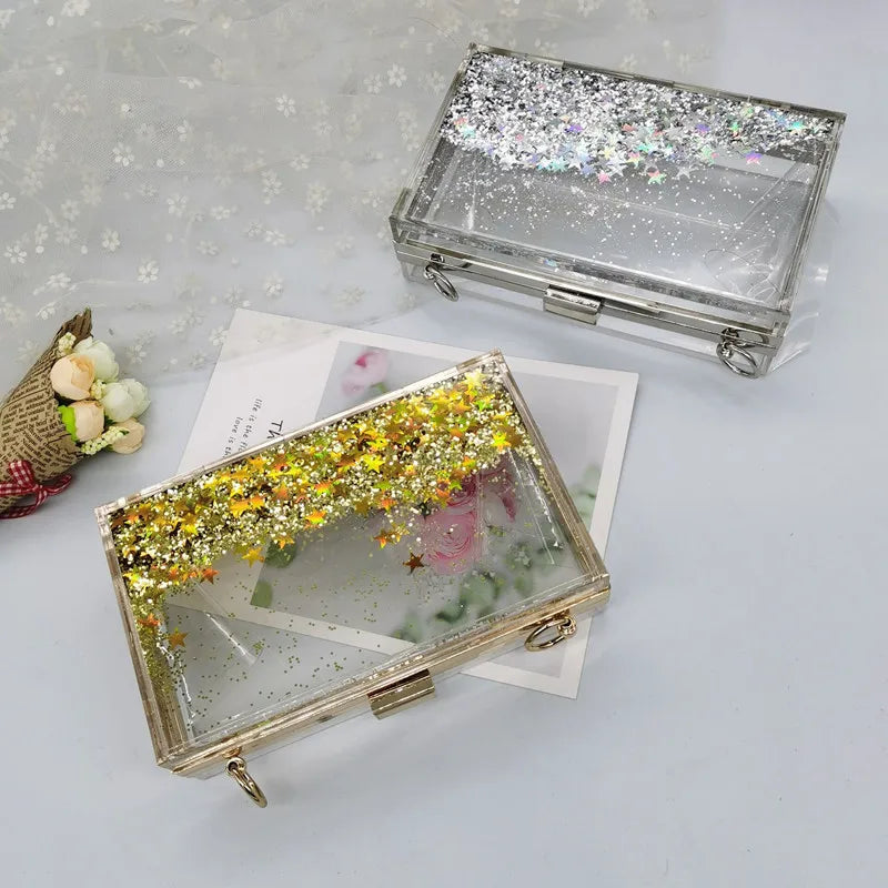 Women's Luxury Liquid Glitter Acrylic Clutch Purse Quicksand Powder Transparent Box Bags Summer Beach Handbags With Metal Chain