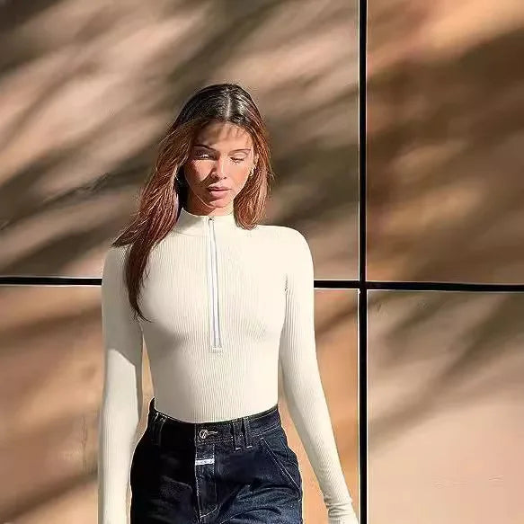 European and American Cross-border 2024 Long Sleeved Jumpsuit Sexy Ribbed Front Zipper Long Sleeved Top Jumpsuit