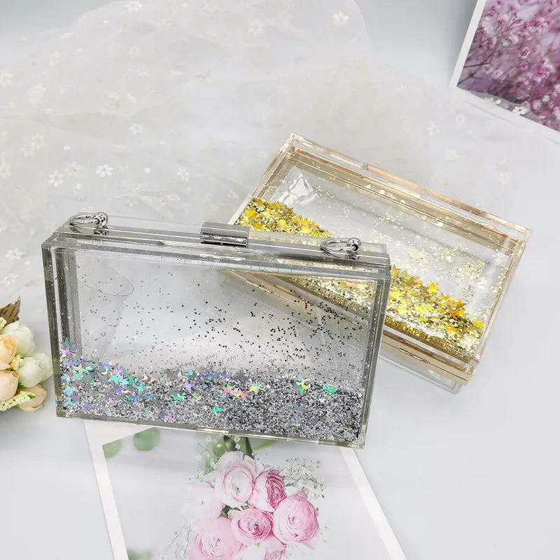 Women's Luxury Liquid Glitter Acrylic Clutch Purse Quicksand Powder Transparent Box Bags Summer Beach Handbags With Metal Chain