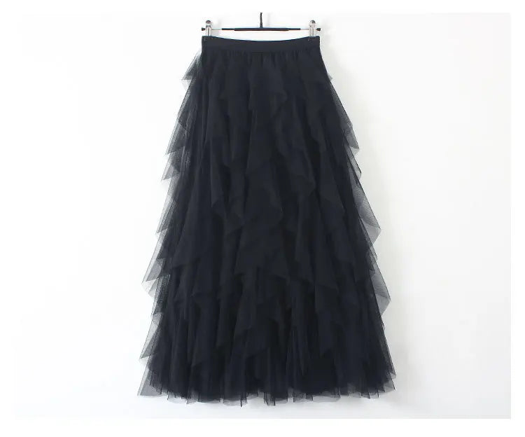 Waist 60-80cm Length 86cm Women Ruffle Skirt Many Layers pink Black Pleated Long Skirt Vintage High Waisted a Line Satin Skirts