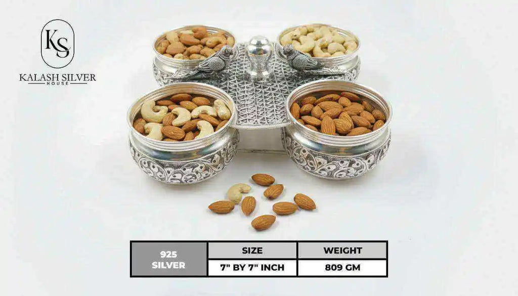 Sterling Silver Dry Fruit Bowl Set Four Covered Stand Eco-Friendly Handcrafted Premium Indian Serveware for Home Decor