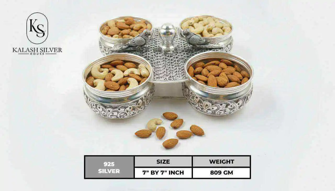 Sterling Silver Dry Fruit Bowl Set Four Covered Stand Eco-Friendly Handcrafted Premium Indian Serveware for Home Decor