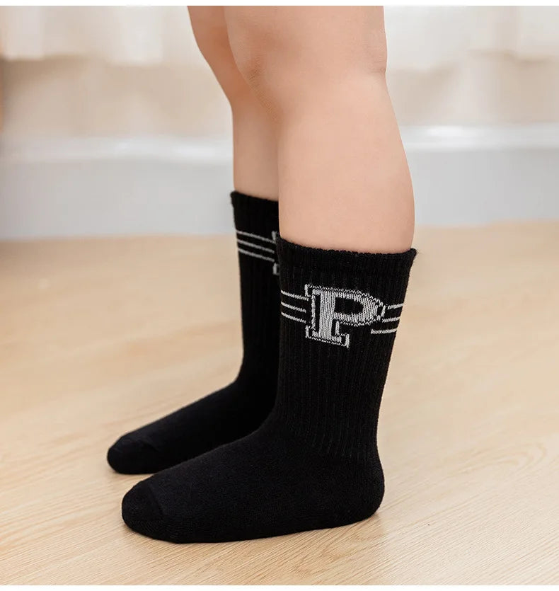 5 Pairs/Lot Autumn Winter High Elastic Simple Children Socks Korean Cotton Stripes Solid Color Alphabet Boys Girls Socks 1-12 Y
