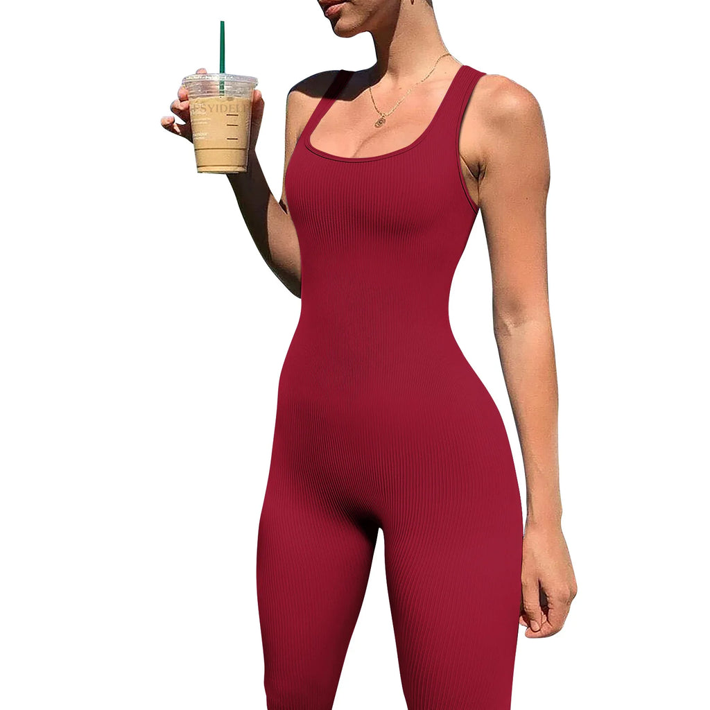 KE0101SX 2024 Solid Color Ribbed Backless Summer Bodycon Chic Women Jumpsuits Playsuits Sehe Fashion